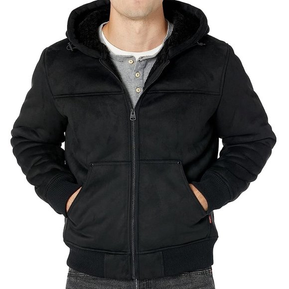 NWT $250 LEVI'S Men M Faux Suede Sherpa Lined Hoodie Bomber Trucker Jacket Black - Picture 6 of 10